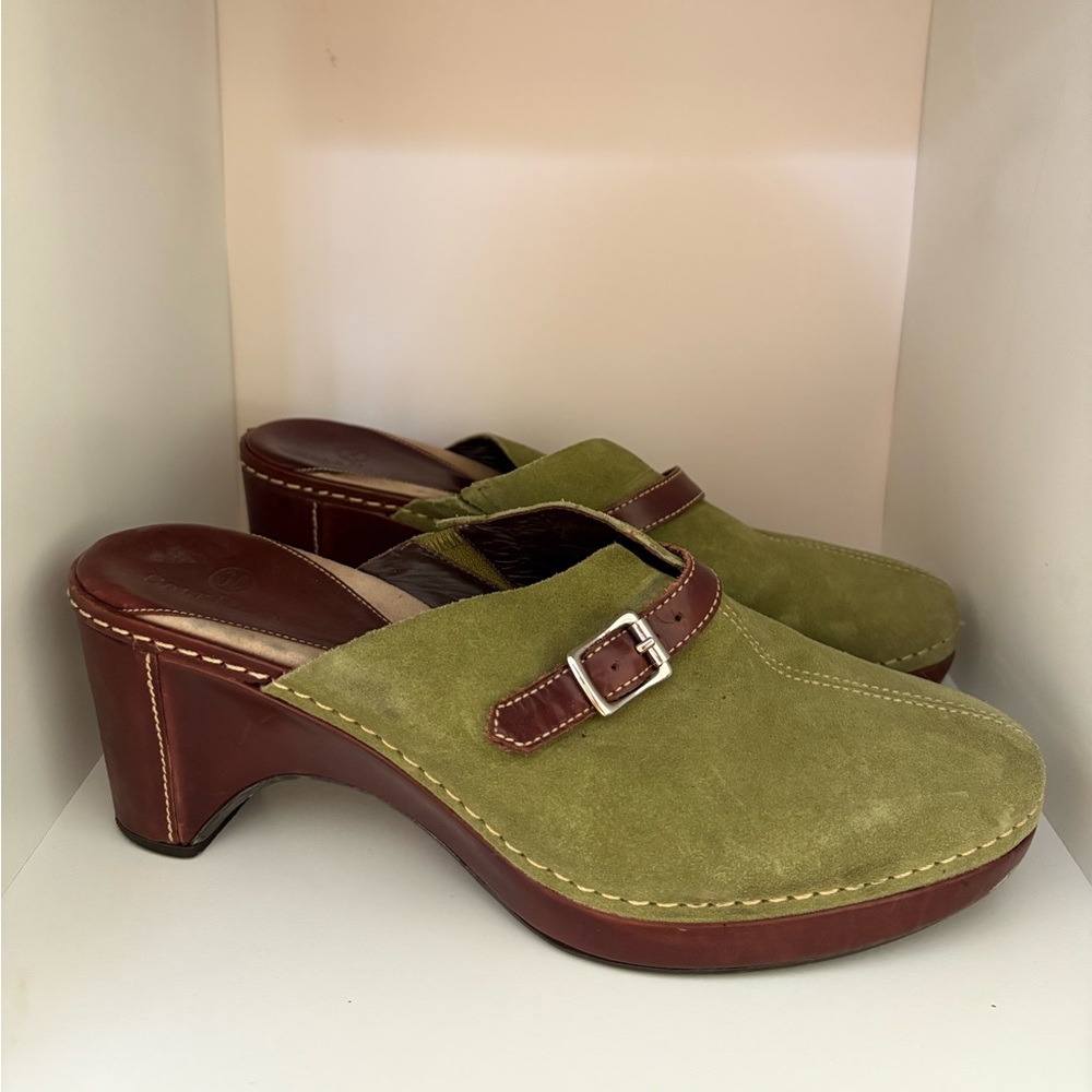 Cole Haan Green and Brown Suede Mules with Chunky Heel